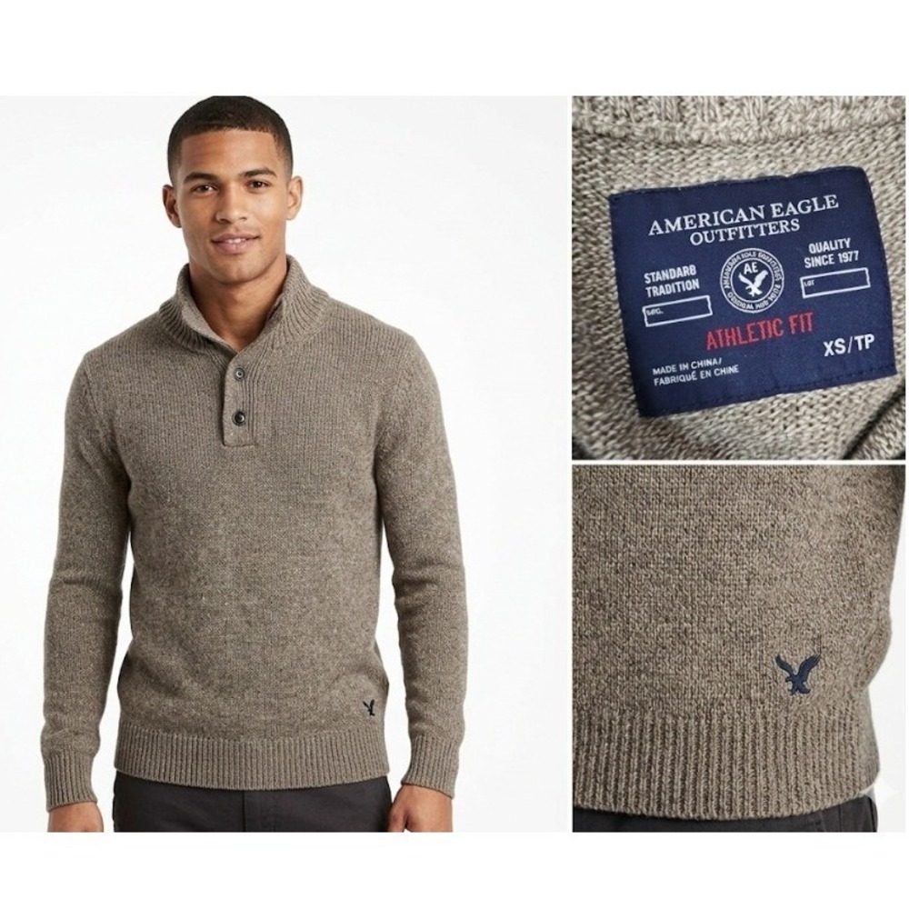 American Eagle Mens Athletic Fit Mock Neck Button Zip Sweater Tan‎ XS 0913-9721